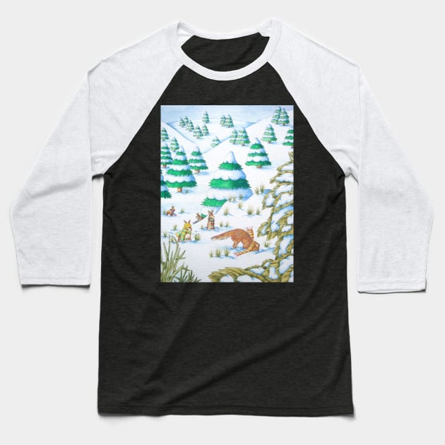 cute fox and rabbits snow scene for christmas Baseball T-Shirt by pollywolly